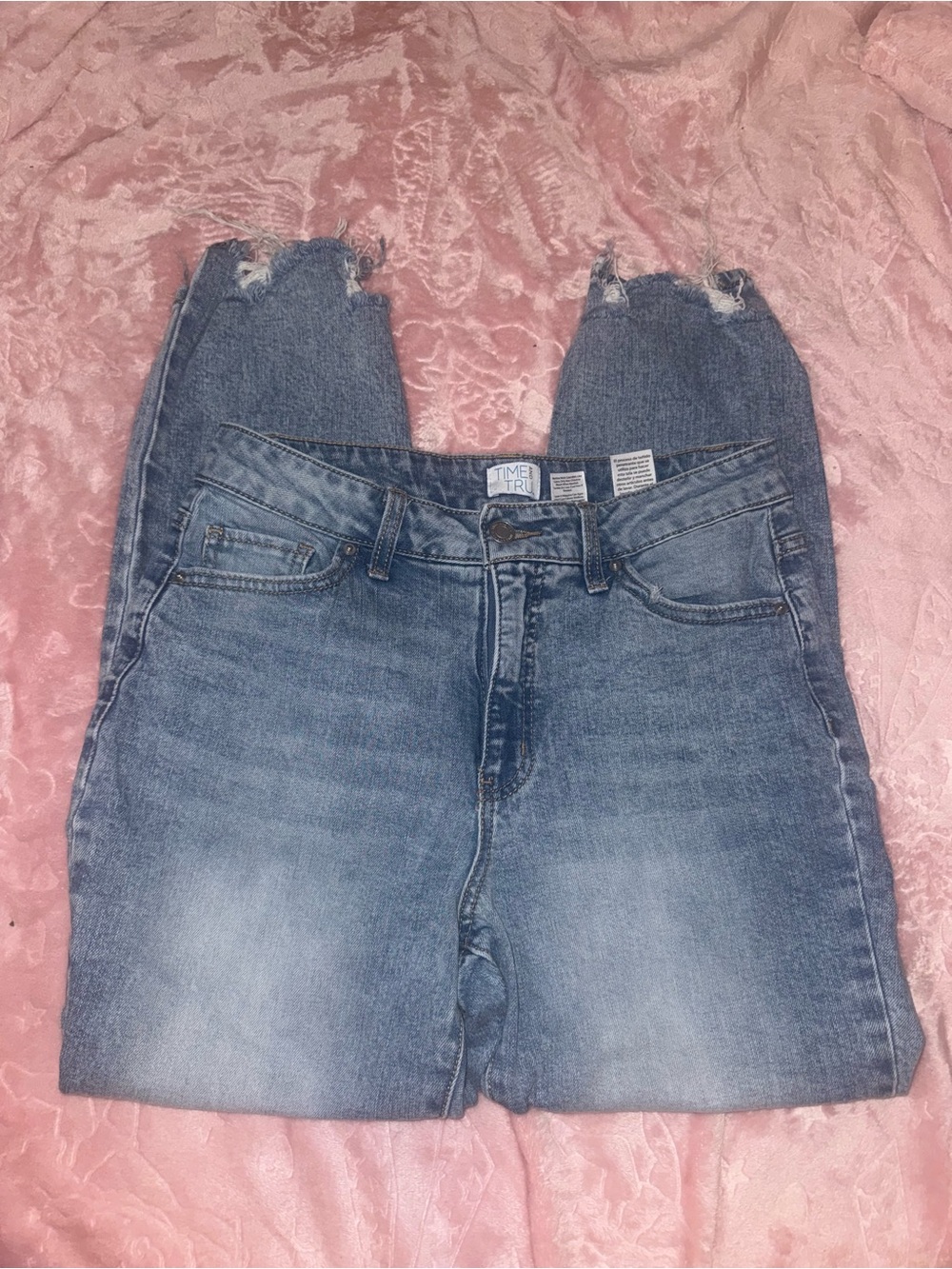 Time and Tru Straight Leg Mid Wash Distressed Hem Jeans
